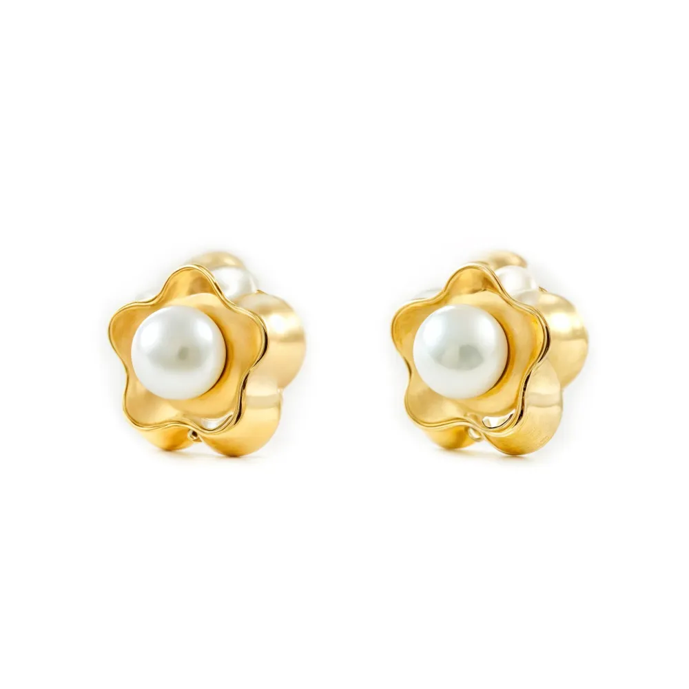 Pack de Pilas Pendientes Niñ Oro Amarillo 9K Perla Botón 3,5 mm Flor Margarita Brillo