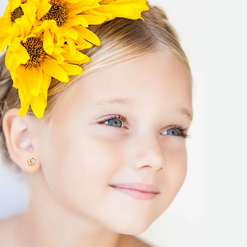 Pack de Pilas Pendientes Niñ Oro Amarillo 9K Perla Botón 3,5 mm Flor Margarita Brillo