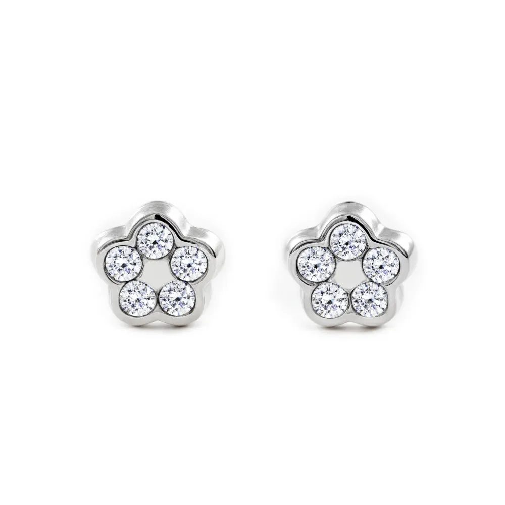 Pendientes Bebe Oro Blanco 9K Flor Margarita Circonitas Brillo con Garantí