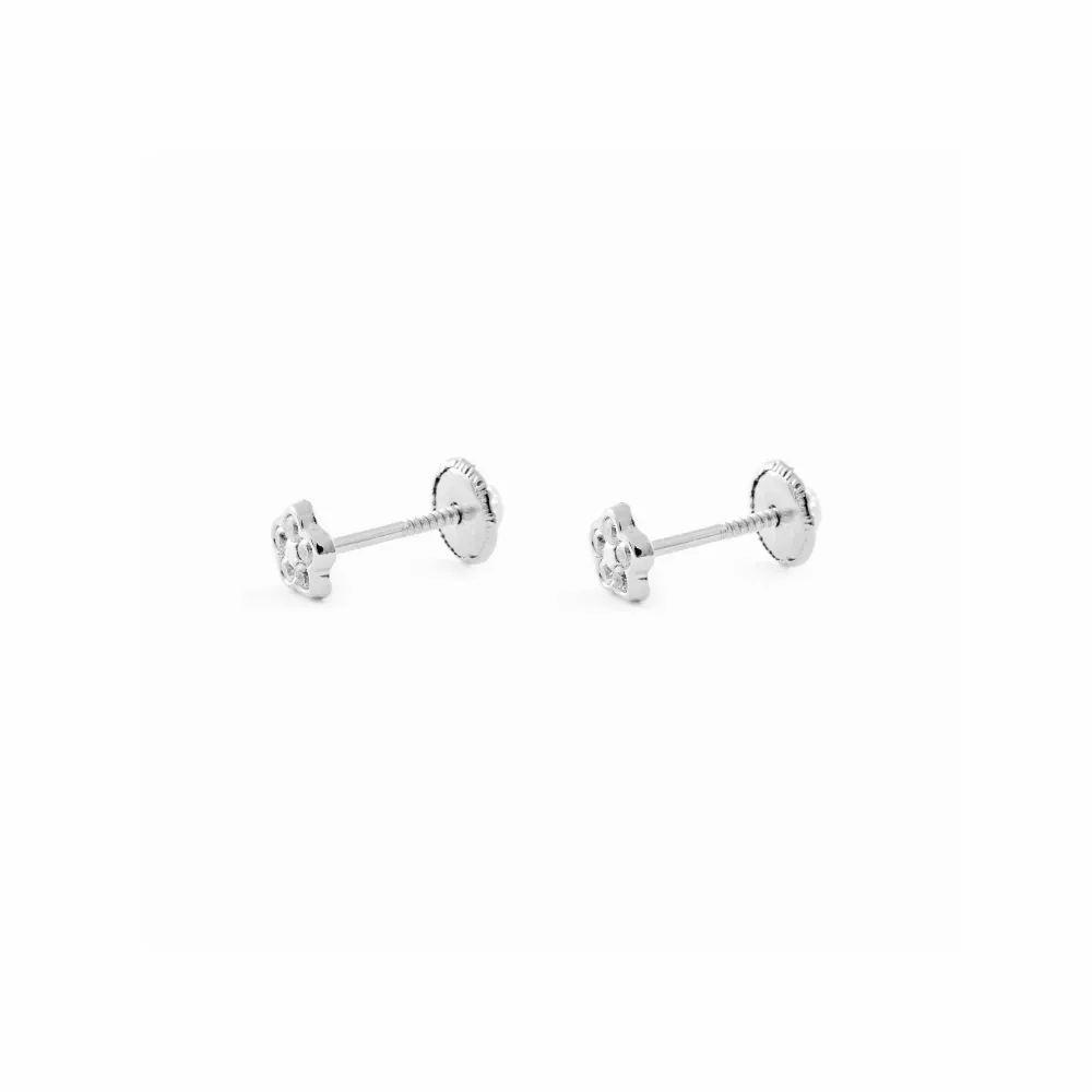 Pendientes Bebe Oro Blanco 9K Flor Margarita Circonitas Brillo con Garantí
