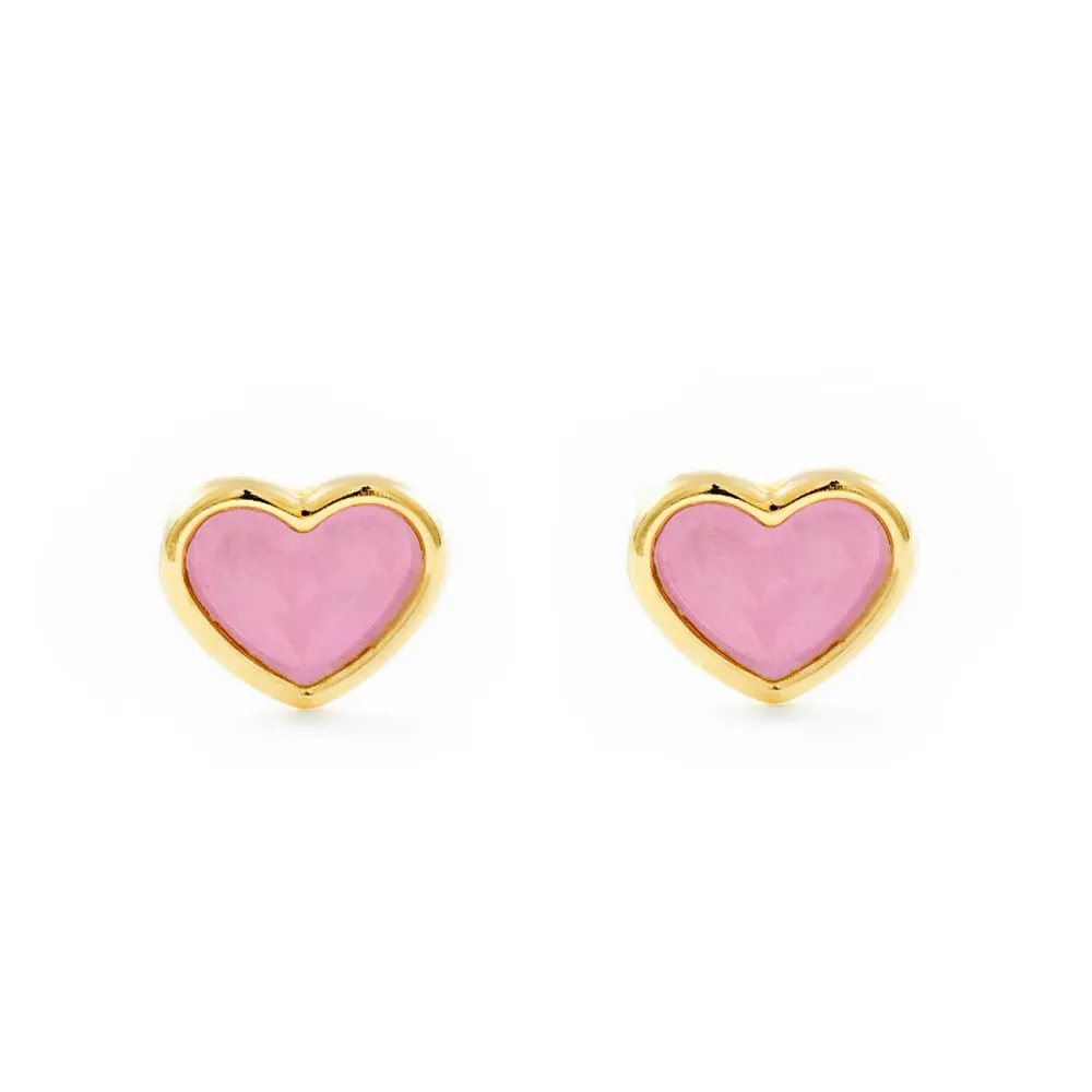 Pendientes Niñ Oro Amarillo 9K Corazón Esmalte Rosa Brillo Listas para Usar