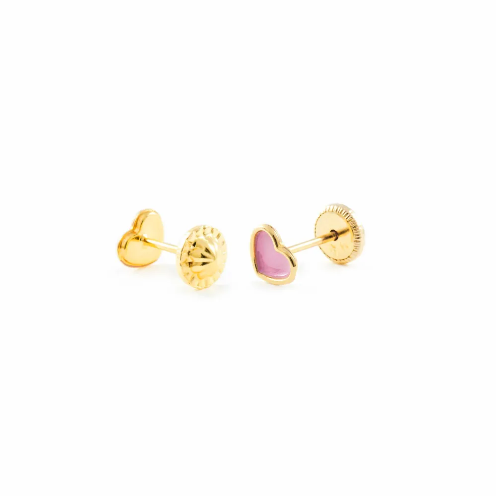Pendientes Niñ Oro Amarillo 9K Corazón Esmalte Rosa Brillo Listas para Usar