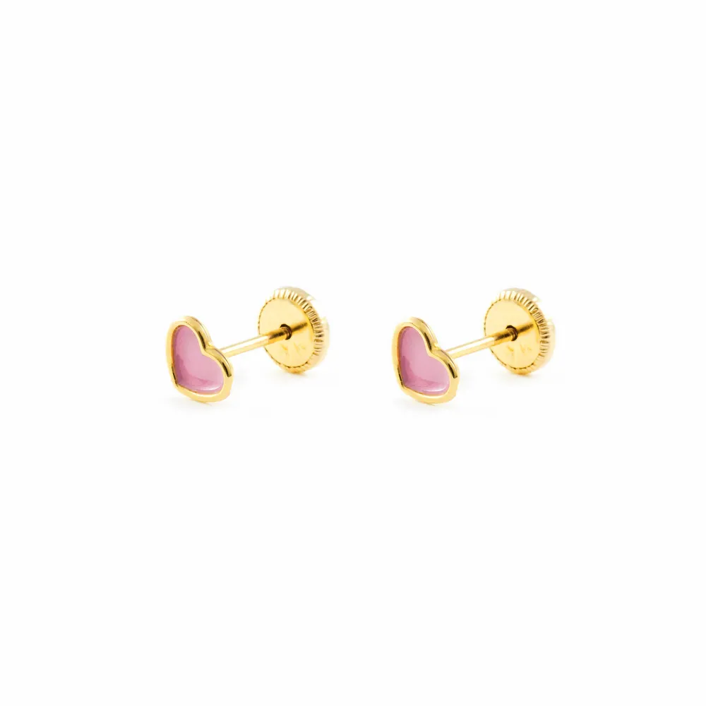 Pendientes Niñ Oro Amarillo 9K Corazón Esmalte Rosa Brillo Listas para Usar