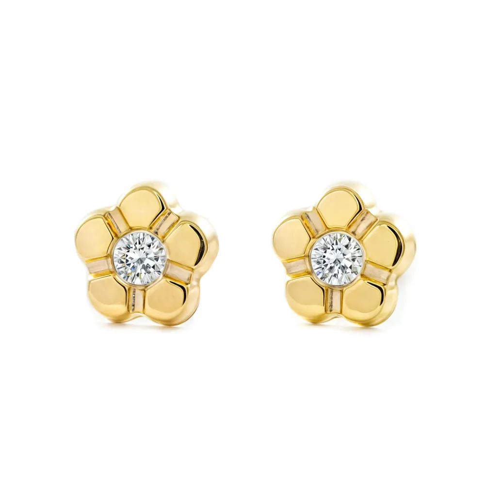 Pendientes Niñ Oro Amarillo 9K Flor Margarita Circonita Brillo con Garantí