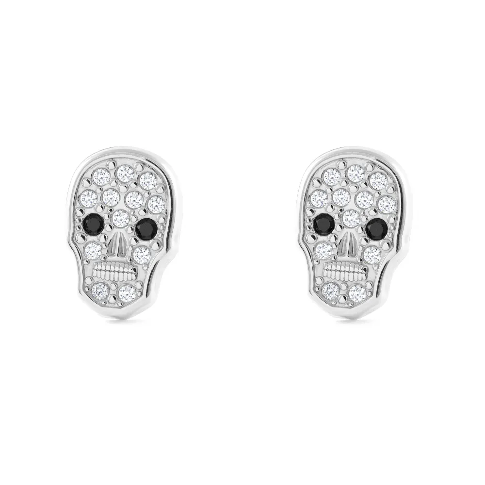 Pendientes Niñ Oro Blanco 9K Calavera Circonitas Brillo de Baja Autodescarga