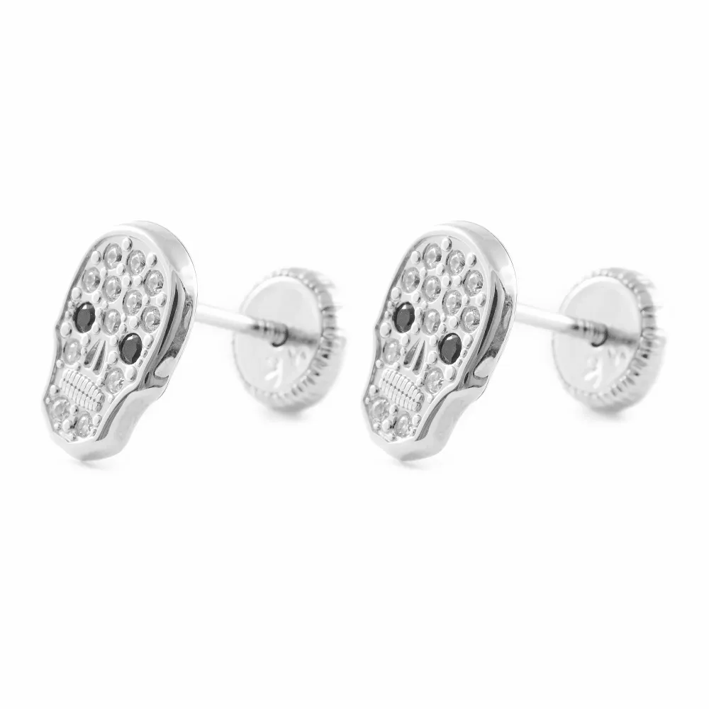 Pendientes Niñ Oro Blanco 9K Calavera Circonitas Brillo de Baja Autodescarga