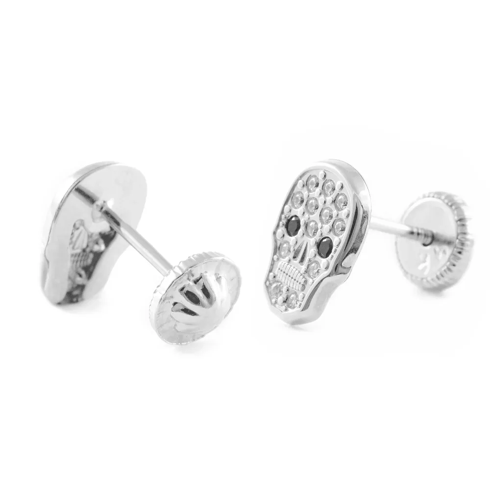 Pendientes Niñ Oro Blanco 9K Calavera Circonitas Brillo de Baja Autodescarga