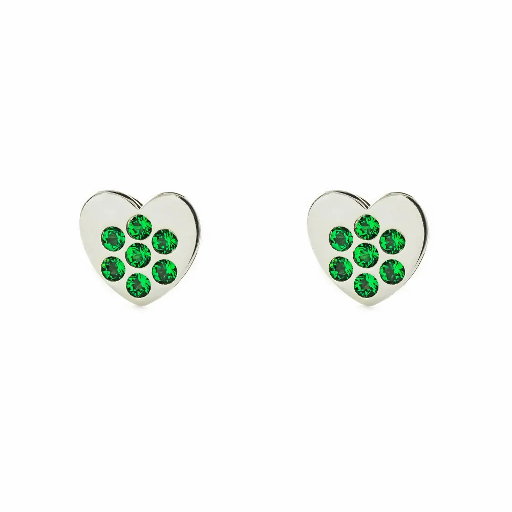 Pendientes Niñ Oro Blanco 9K Corazón Esmeraldas preciosas sintéticas Brillo AA - 24 Unidades