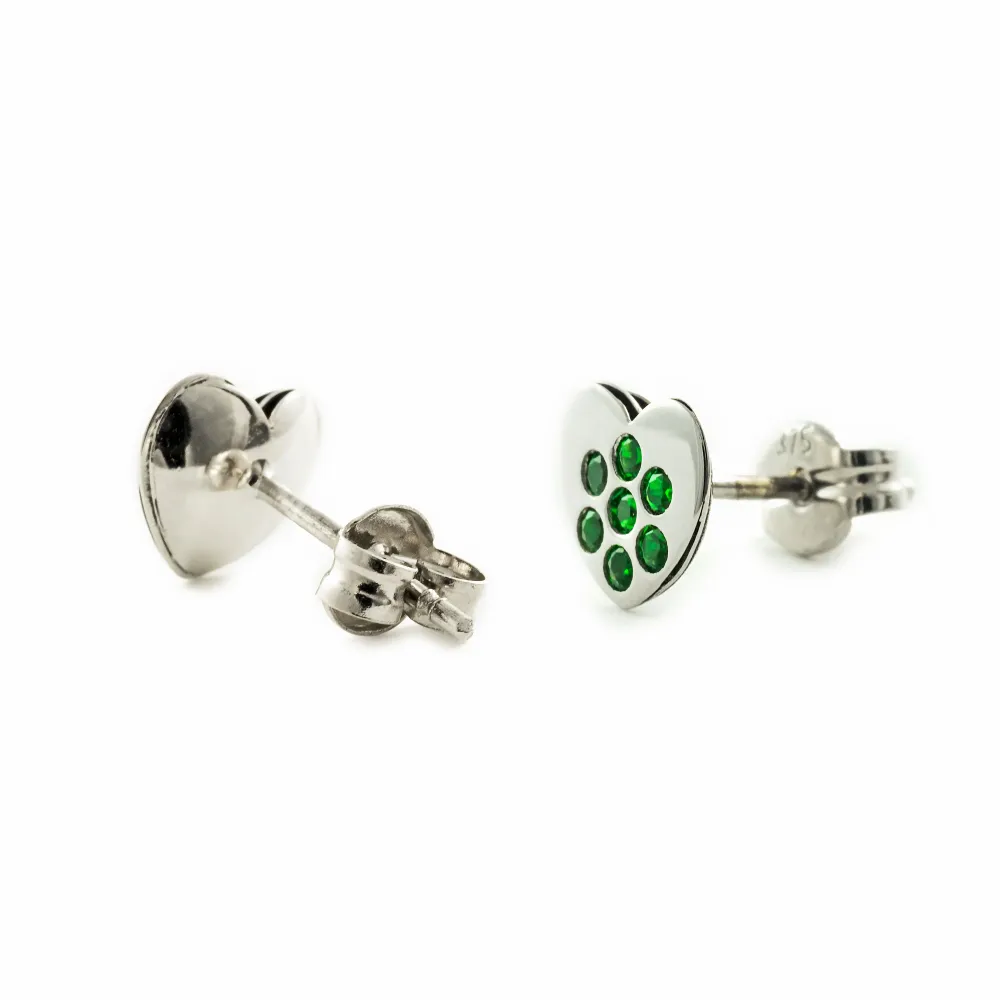 Pendientes Niñ Oro Blanco 9K Corazón Esmeraldas preciosas sintéticas Brillo AA - 24 Unidades