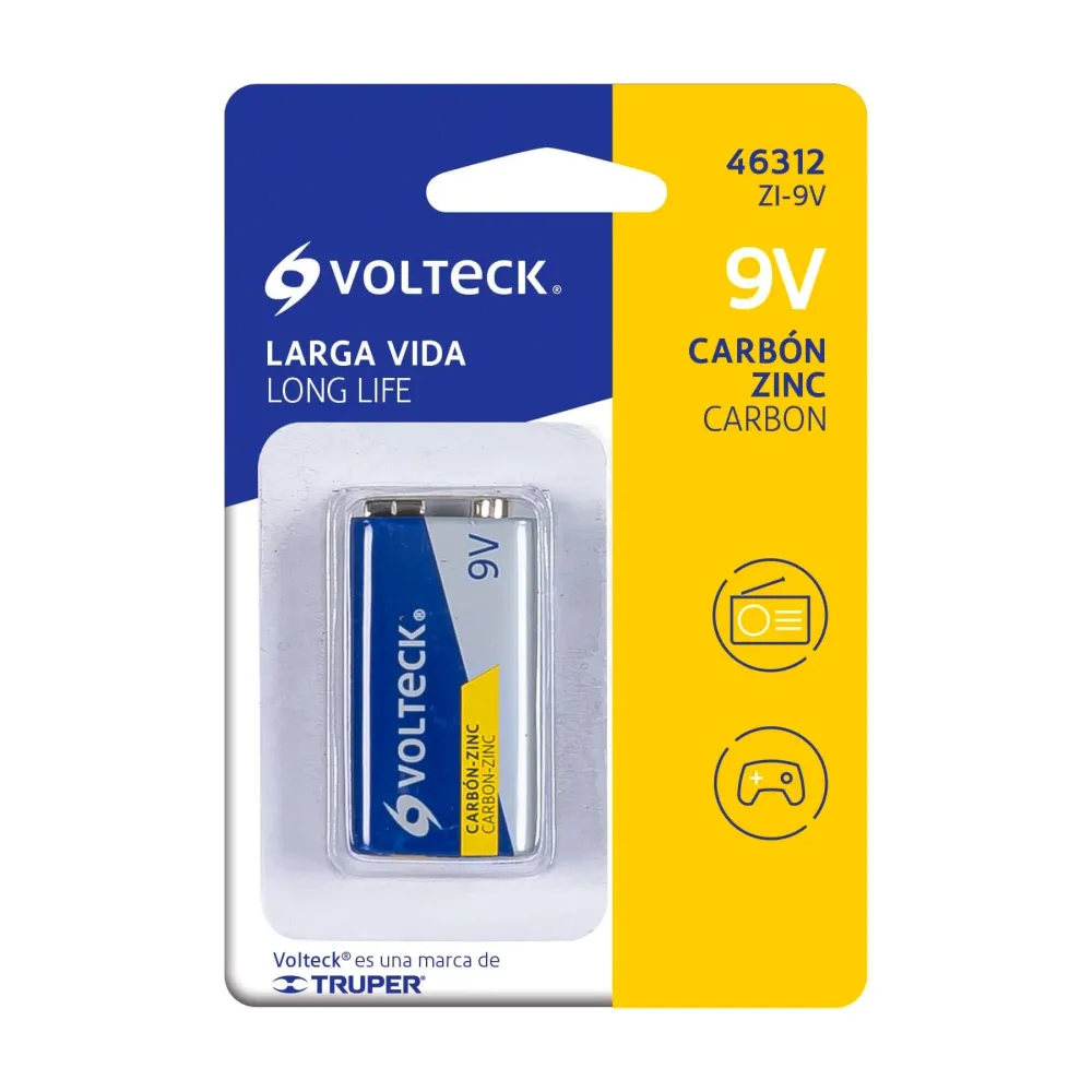 PILA 9V (1 Pza.) ZINC-CARBON EN BLISTER VOLTECK ZI-9V para Dispositivos de Alto Consumo