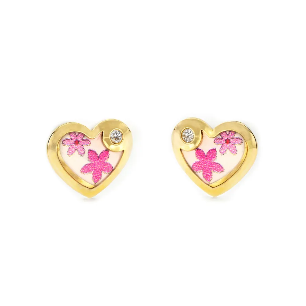 Pilas de Litio Pendientes Bebe-Niñ Oro Amarillo 9K Corazón Esmalte Colorido Circonita Brillo