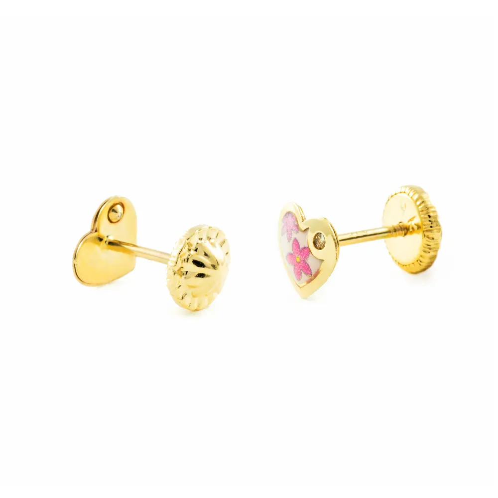 Pilas de Litio Pendientes Bebe-Niñ Oro Amarillo 9K Corazón Esmalte Colorido Circonita Brillo
