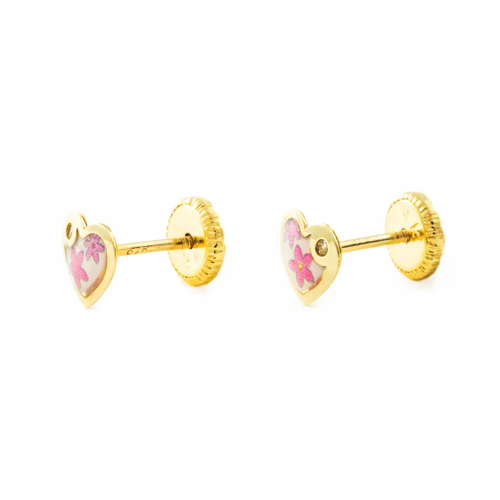 Pilas de Litio Pendientes Bebe-Niñ Oro Amarillo 9K Corazón Esmalte Colorido Circonita Brillo