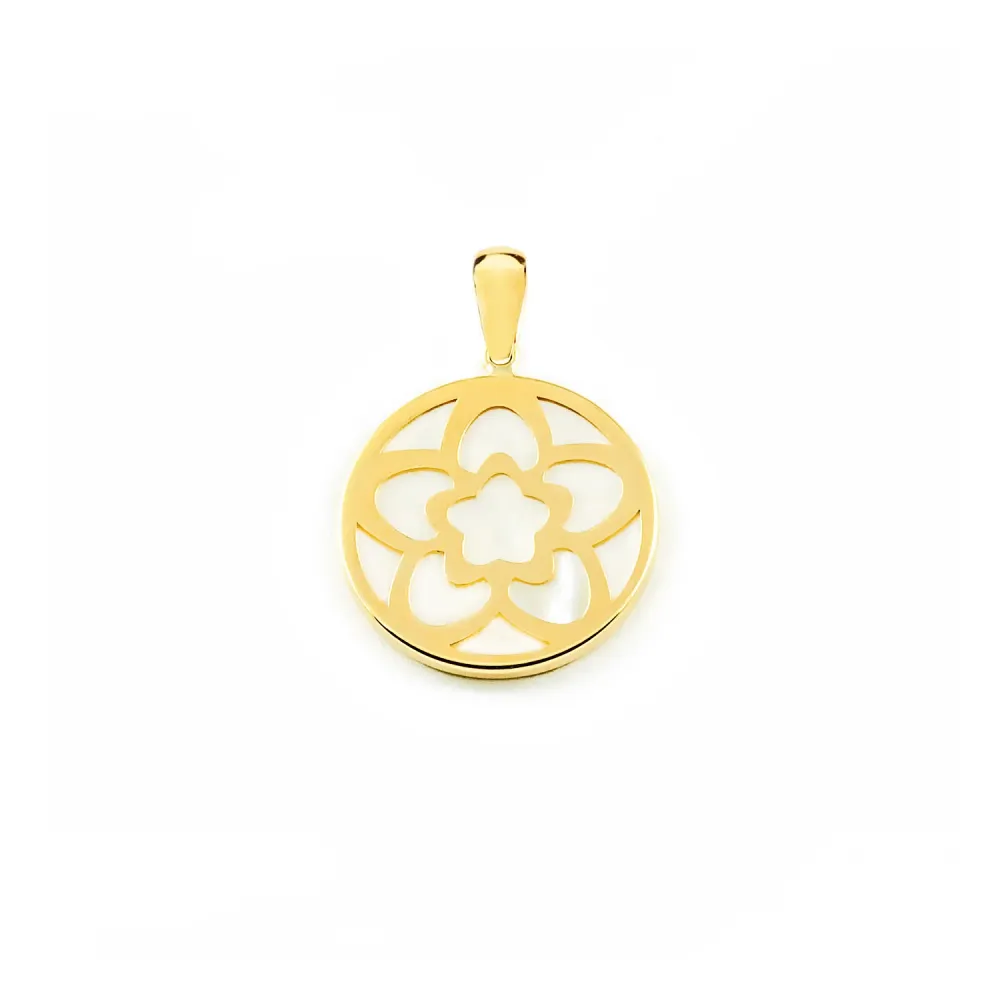 Pilas de Reloj Colgante Oro Amarillo 9K Nacar Redondo Flor Brillo