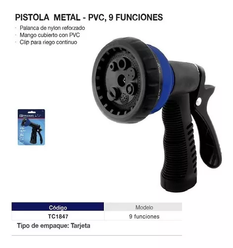 PISTOLA RIEGO METALICA PVC REGULABLE (9 FUNCIONES) inc. acople Resistentes Derrames