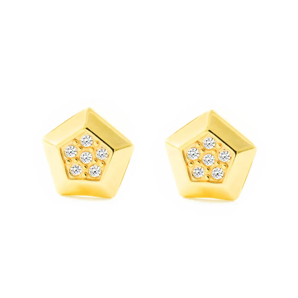 Recargables Premium Pendientes Niñ Oro Amarillo 9K Pentagono Circonitas Brillo