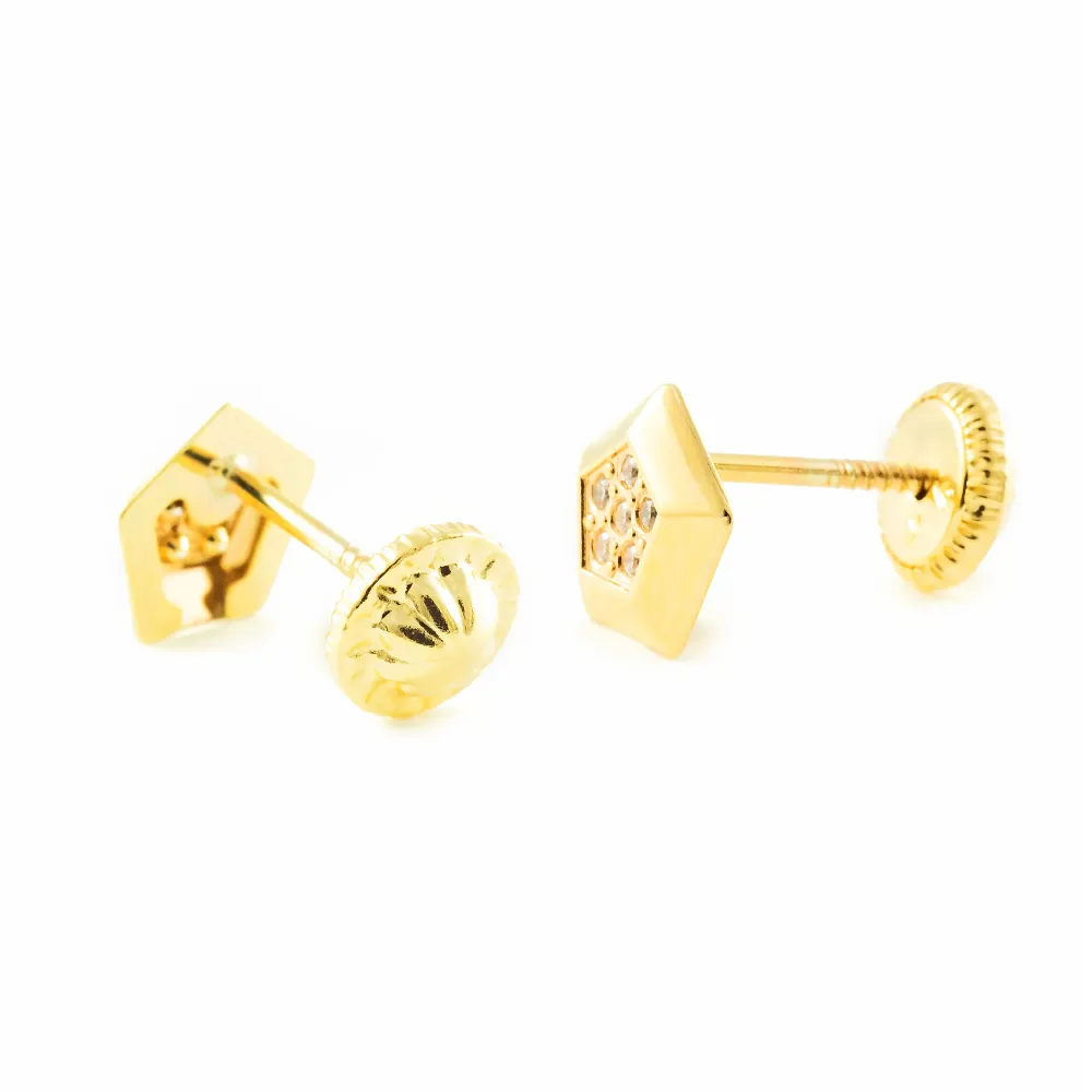 Recargables Premium Pendientes Niñ Oro Amarillo 9K Pentagono Circonitas Brillo