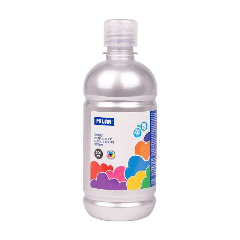 Automático Milan Botella de Tempera 500ml - Tapon Dosificador - Secado Rapido - Mezclable - Color Plata