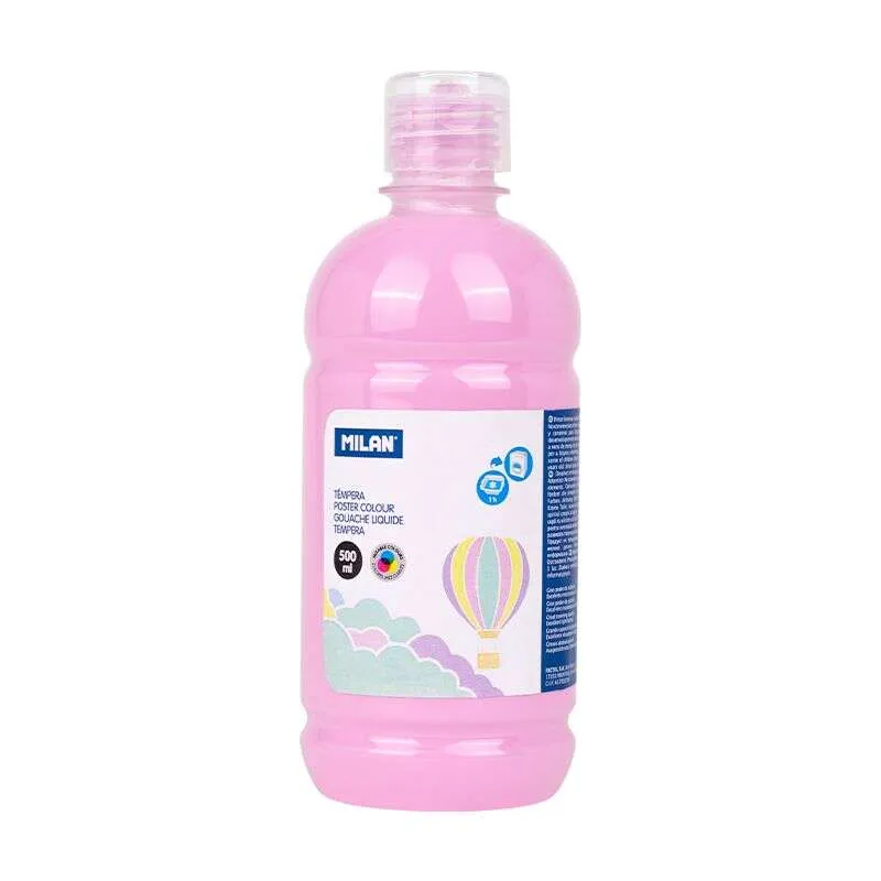Milan Botella de Tempera 500ml - Tapon Dosificador - Secado Rapido - Mezclable - Color Rosa Pastel con Pinzas