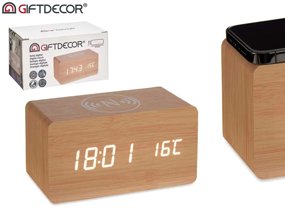 Reloj efecto Madera con Alarma - Cargador Movil - Temperatura 2A-05-A