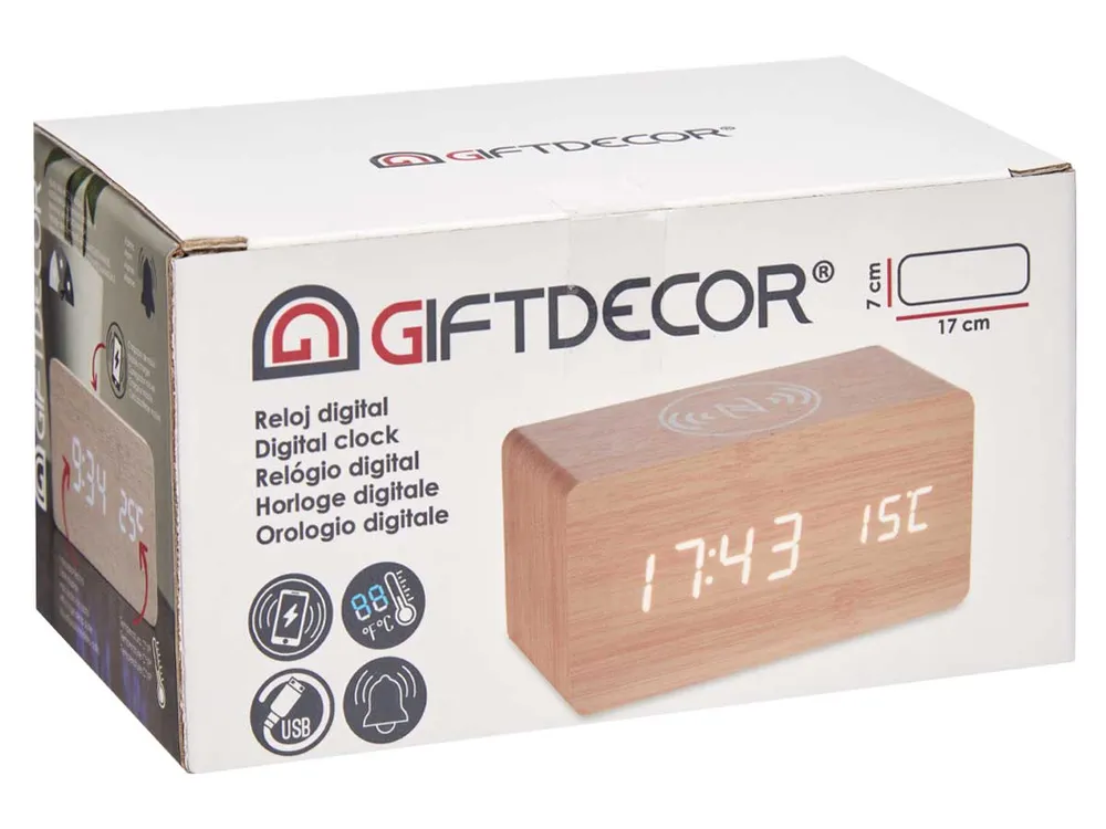 Reloj efecto Madera con Alarma - Cargador Movil - Temperatura 2A-05-A