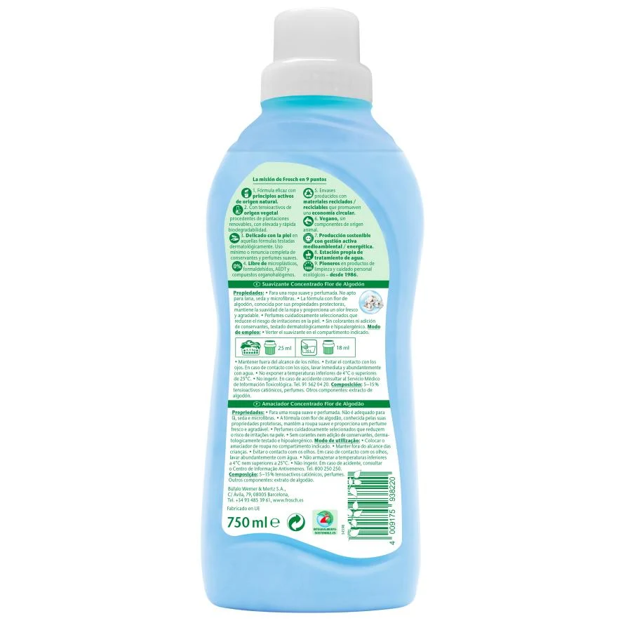Pack 10x Suavizante Flor de Algodón Frosch 750 ml para Ropa Blanca y de Color