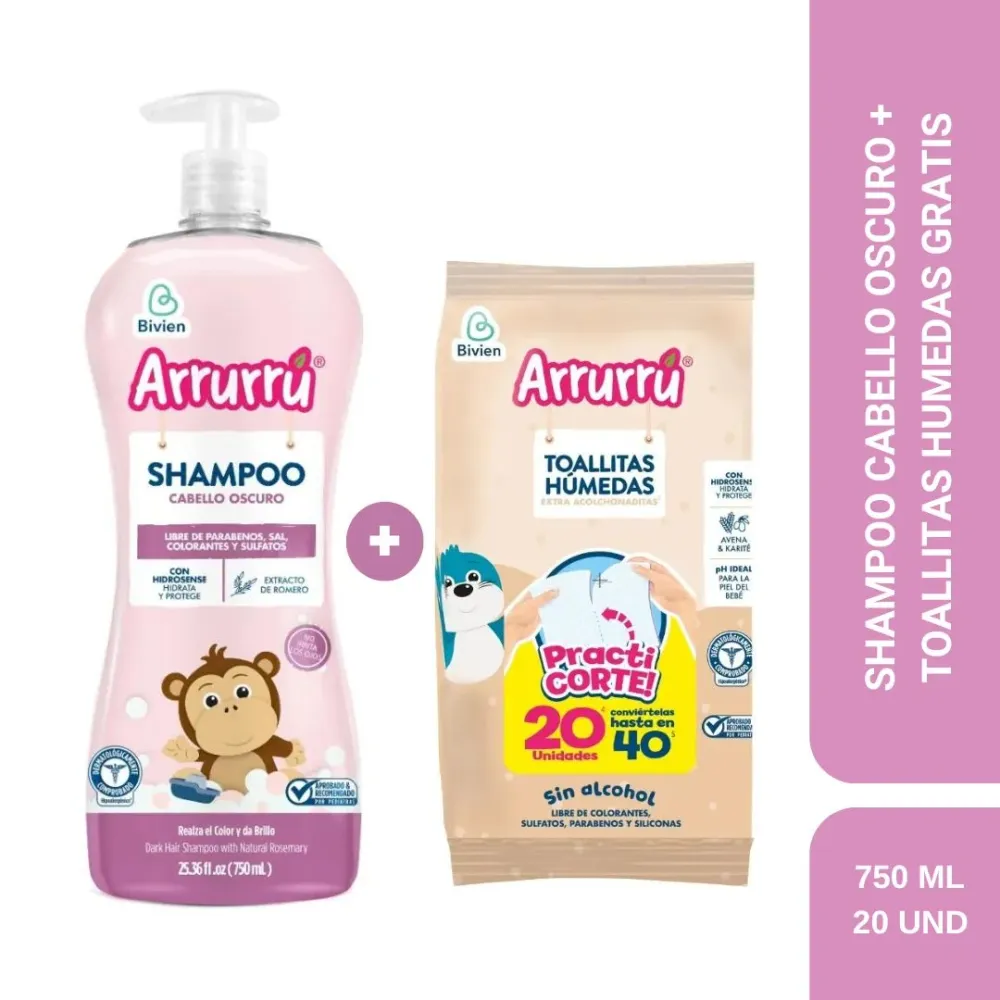 SHAMPOO CABELLO OSCURO X750 ML + GRATIS TOALLITAS HÚMEDAS AVENA X20 UND AAB297 ARRURRÚ Arrurru