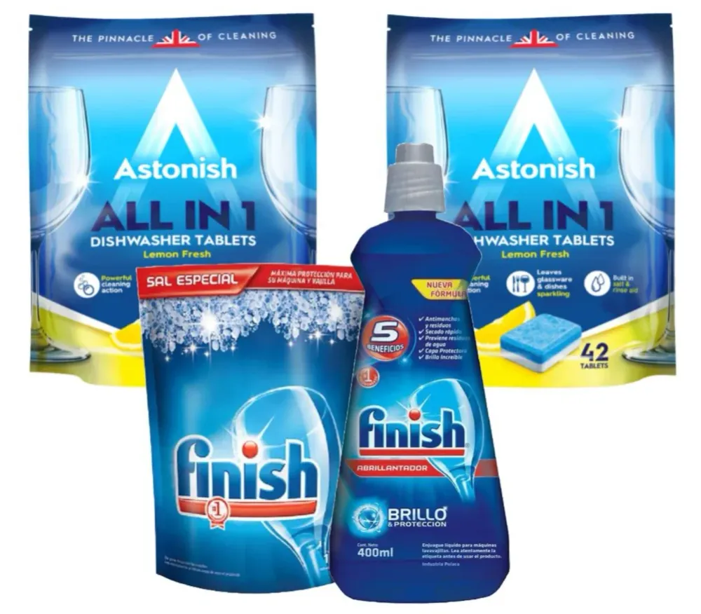 Pack Limpieza Lavavajillas 84 Tabletas + Sal 1 kg + Abrillantador 400 ml Astonish