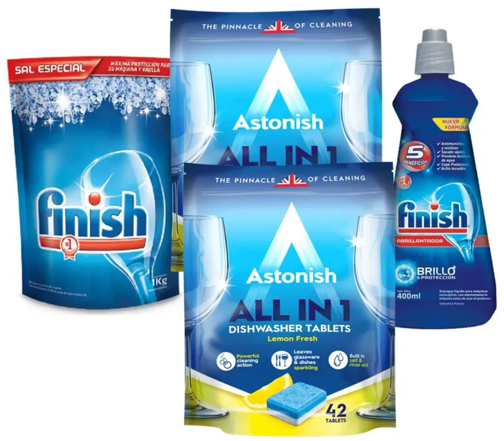 Pack Limpieza Lavavajillas 84 Tabletas + Sal 1 kg + Abrillantador 400 ml Astonish
