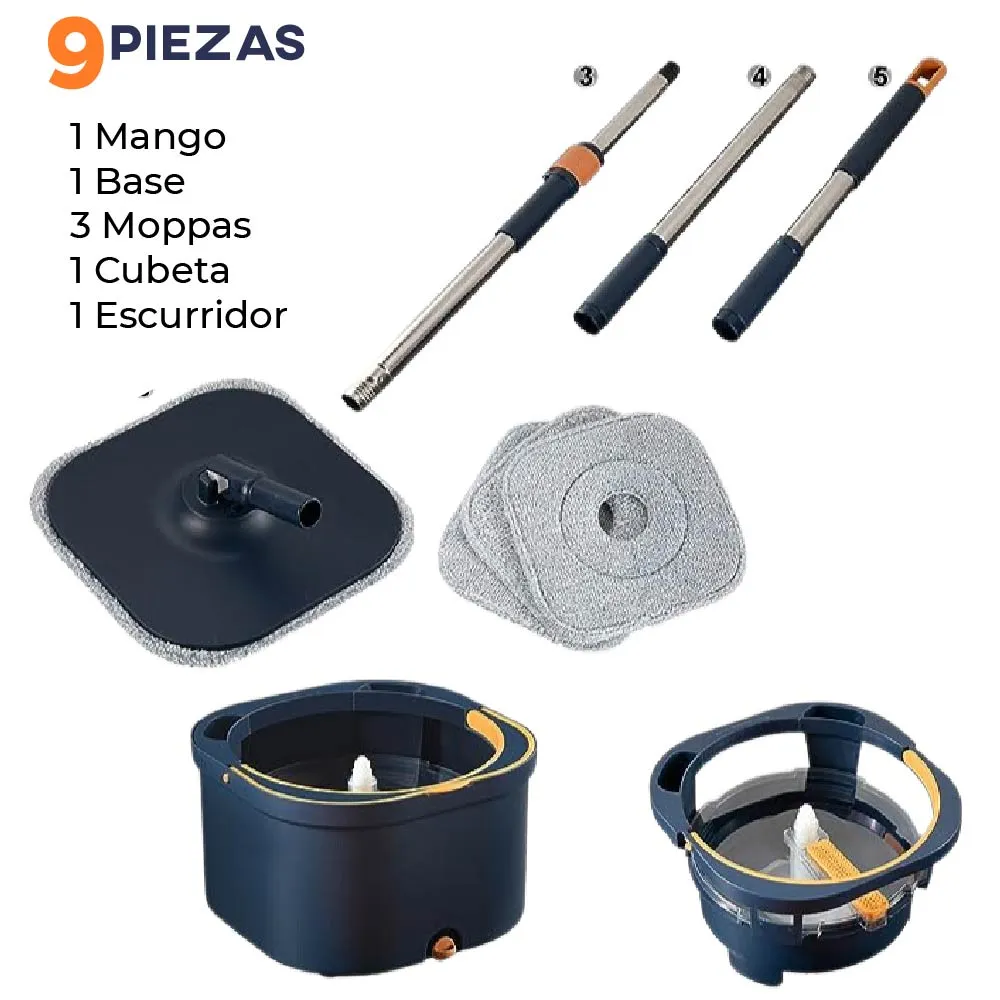 Cubeta Giratoria Azul con trapeador con mopas Lavables Incluidas CHIC-FANTASY