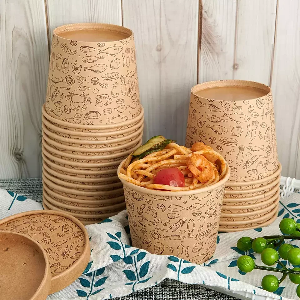 Cuenco de papel de sopa de comida caliente respetuoso con el medio ambiente con logotipo personalizado impermeable desechable
