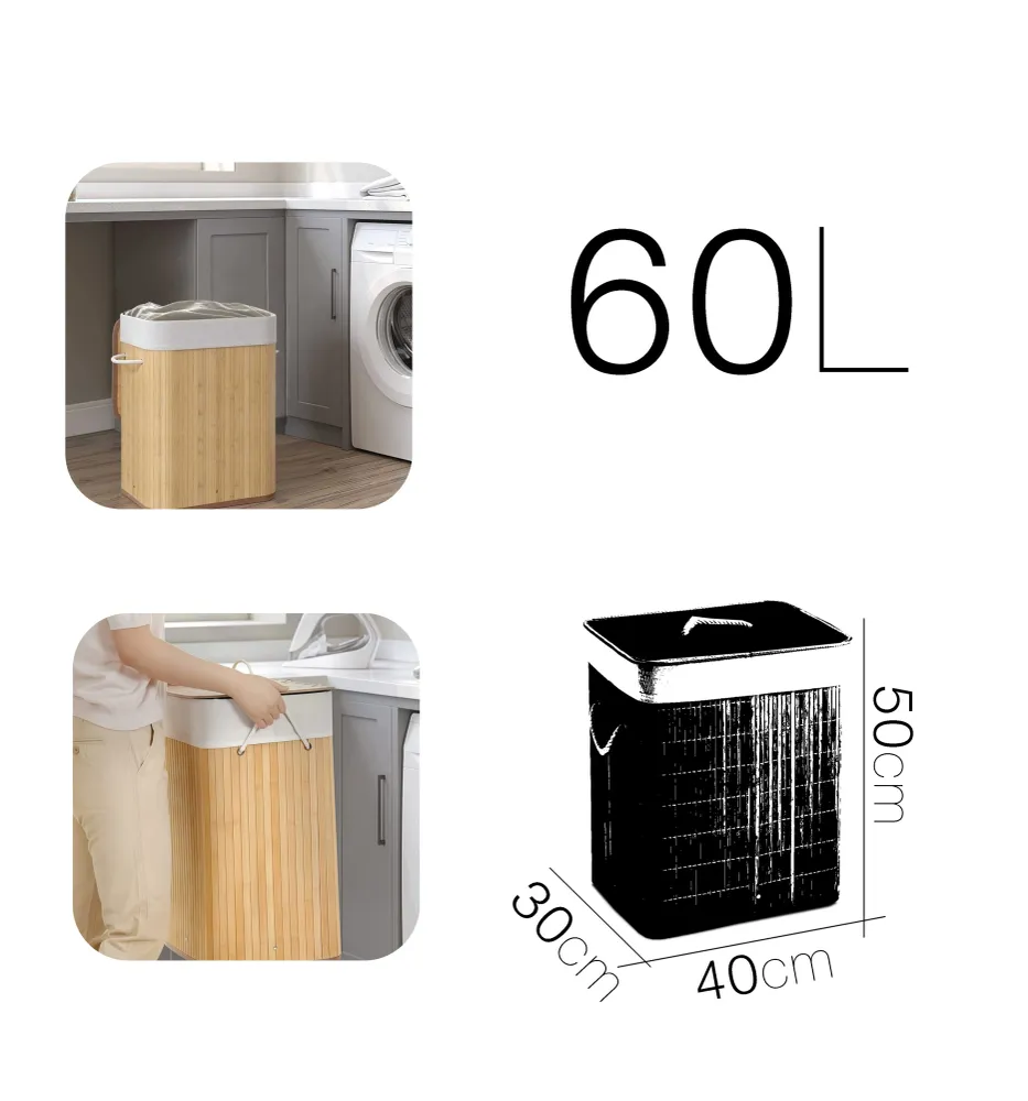 Cesto Para Ropa Sucia, Cubo con Tapa y Asas, Bolsa Lavable Extraíble, Cesta de Bambú Para Ropa Retangular DamDamGo