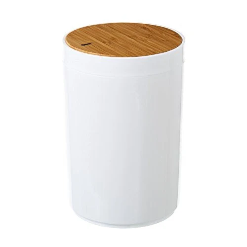 Papelera de Baño 5L con Tapa Basculante de Bambú Natural, Cubo de Basura Pequeño Blanco Diseño Minimalista Moderno para Ba...