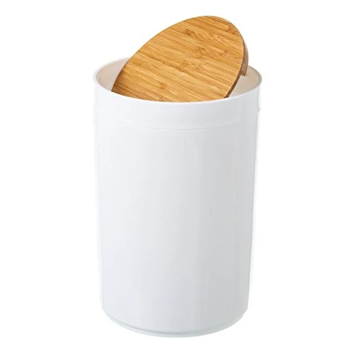 Papelera de Baño 5L con Tapa Basculante de Bambú Natural, Cubo de Basura Pequeño Blanco Diseño Minimalista Moderno para Ba...