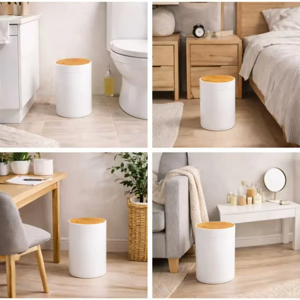 Papelera de Baño 5L con Tapa Basculante de Bambú Natural, Cubo de Basura Pequeño Blanco Diseño Minimalista Moderno para Ba...