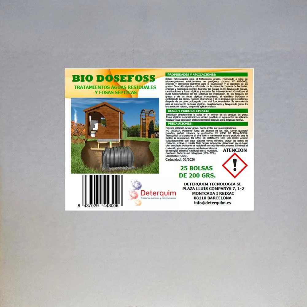 BOLSAS HIDROSOLUBLES BIO DOSEFOSS PARA TRATAMIENTO DE AGUAS RESIDUALES Y FOSAS SEPTICAS, bolsitas, 5 Kg DETERQUIM DETERCLEAN