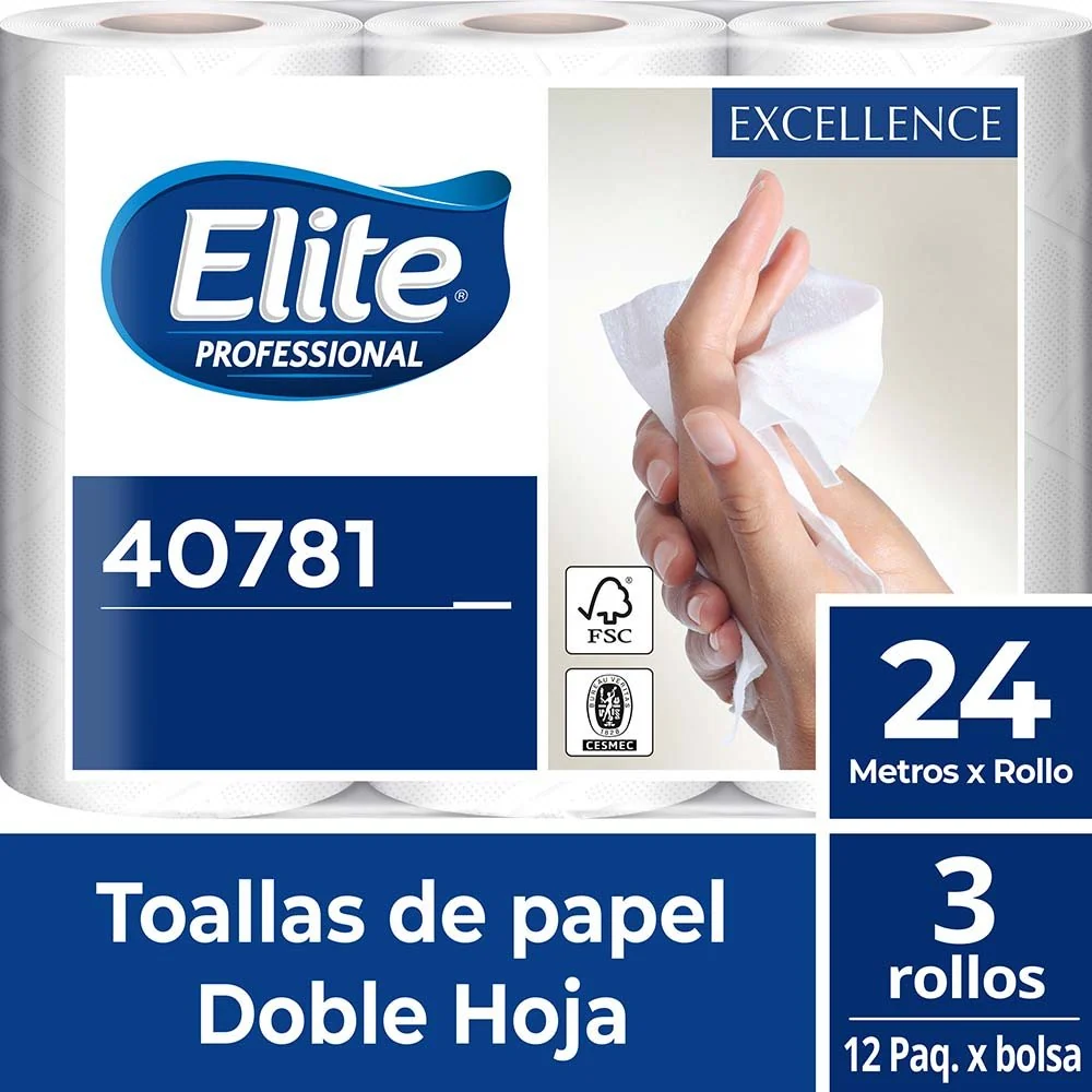Toalla Papel Hoja Simple 3 Rollos Extra Blanco x 24 Mt ELITE