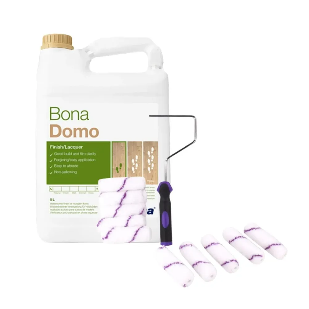 Vitrificante Pisos de Madera Satinado Bona Domo 5 Lt + Kit Mini Rodillos de Microfibra Hela 10 Un Enko