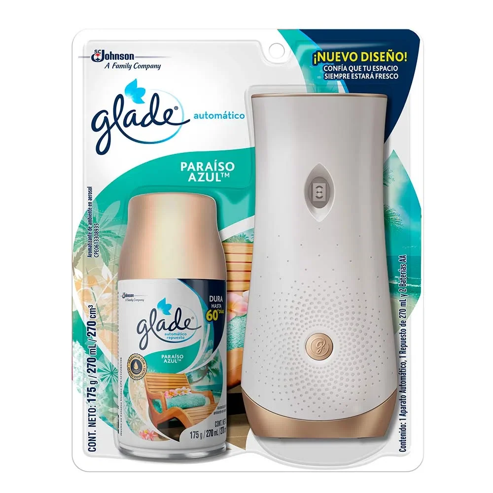 Ambientador Glade Automatico 270 ml + Aparato Paraiso Azul