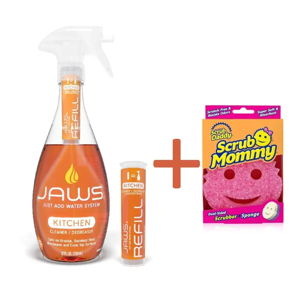 Limpiador y Desengrasante Cocina Jaws 2x739 ml + Esponja Scrub Mommy