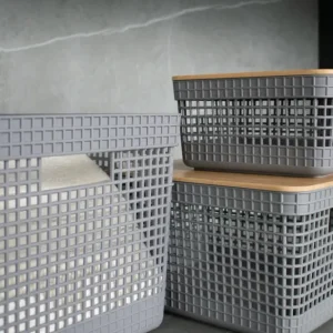 Cesta grid con tapa de bambú 8 litros color plomo Madehome