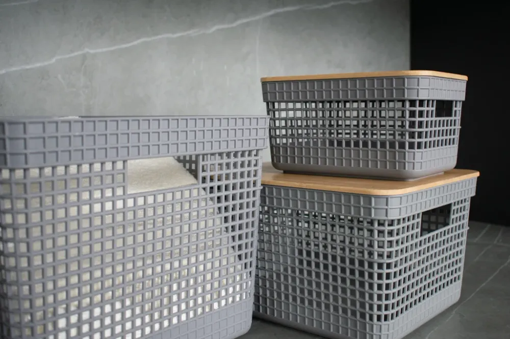 Cesta grid con tapa de bambú 8 litros color plomo Madehome