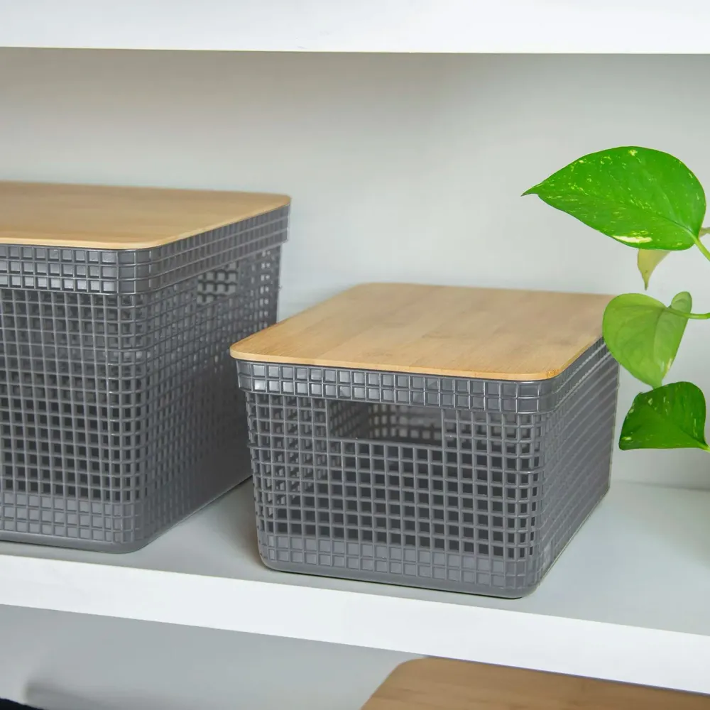 Cesta grid con tapa de bambú 8 litros color plomo Madehome