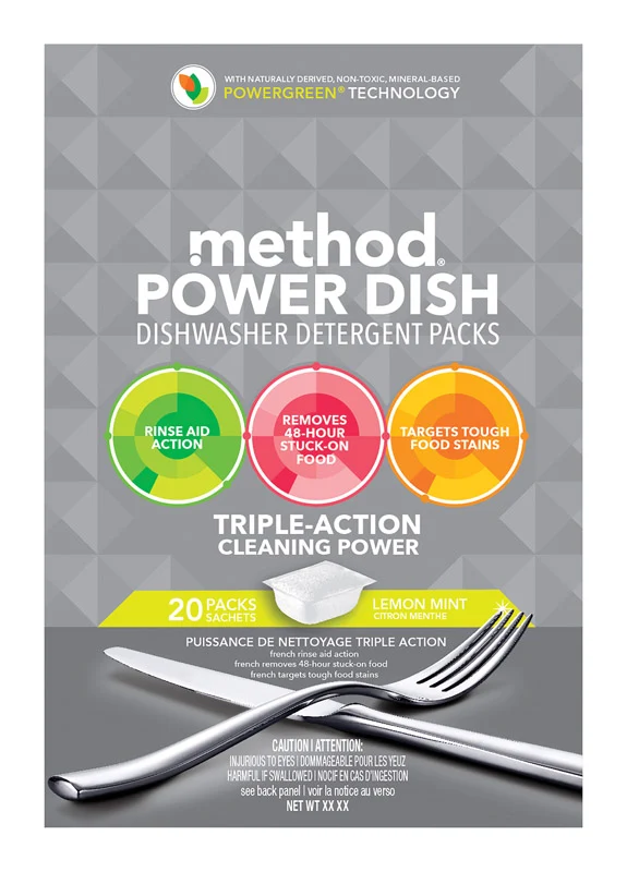 Método - Paquetes de detergente para lavavajillas Power Dish - Menta limón - 20 paquetes - Caja de 6 - 10,5 oz. Method