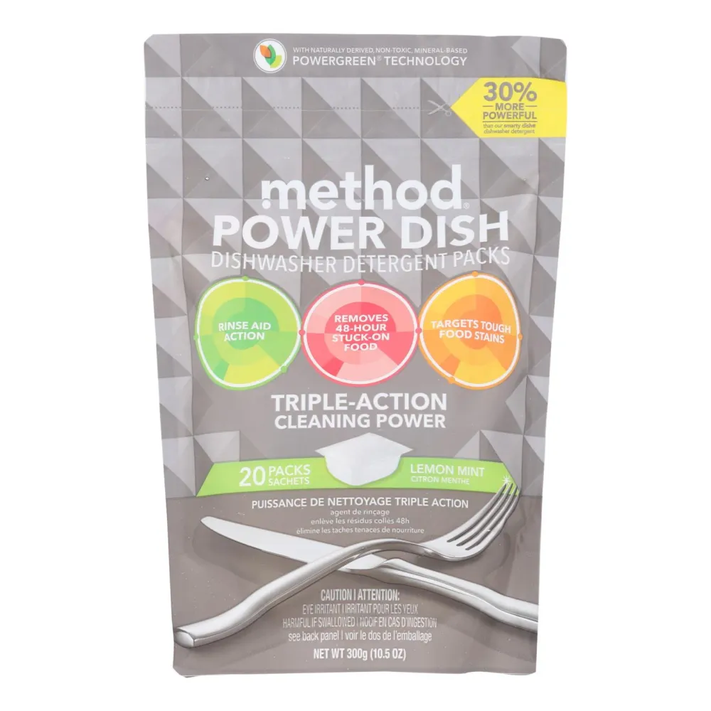 Método - Paquetes de detergente para lavavajillas Power Dish - Menta limón - 20 paquetes - Caja de 6 - 10,5 oz. Method