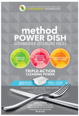 Método - Paquetes de detergente para lavavajillas Power Dish - Libre y transparente - 20 paquetes - Caja de 6 - 10,5 oz. M...