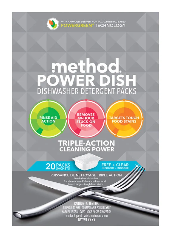 Método - Paquetes de detergente para lavavajillas Power Dish - Libre y transparente - 20 paquetes - Caja de 6 - 10,5 oz. M...