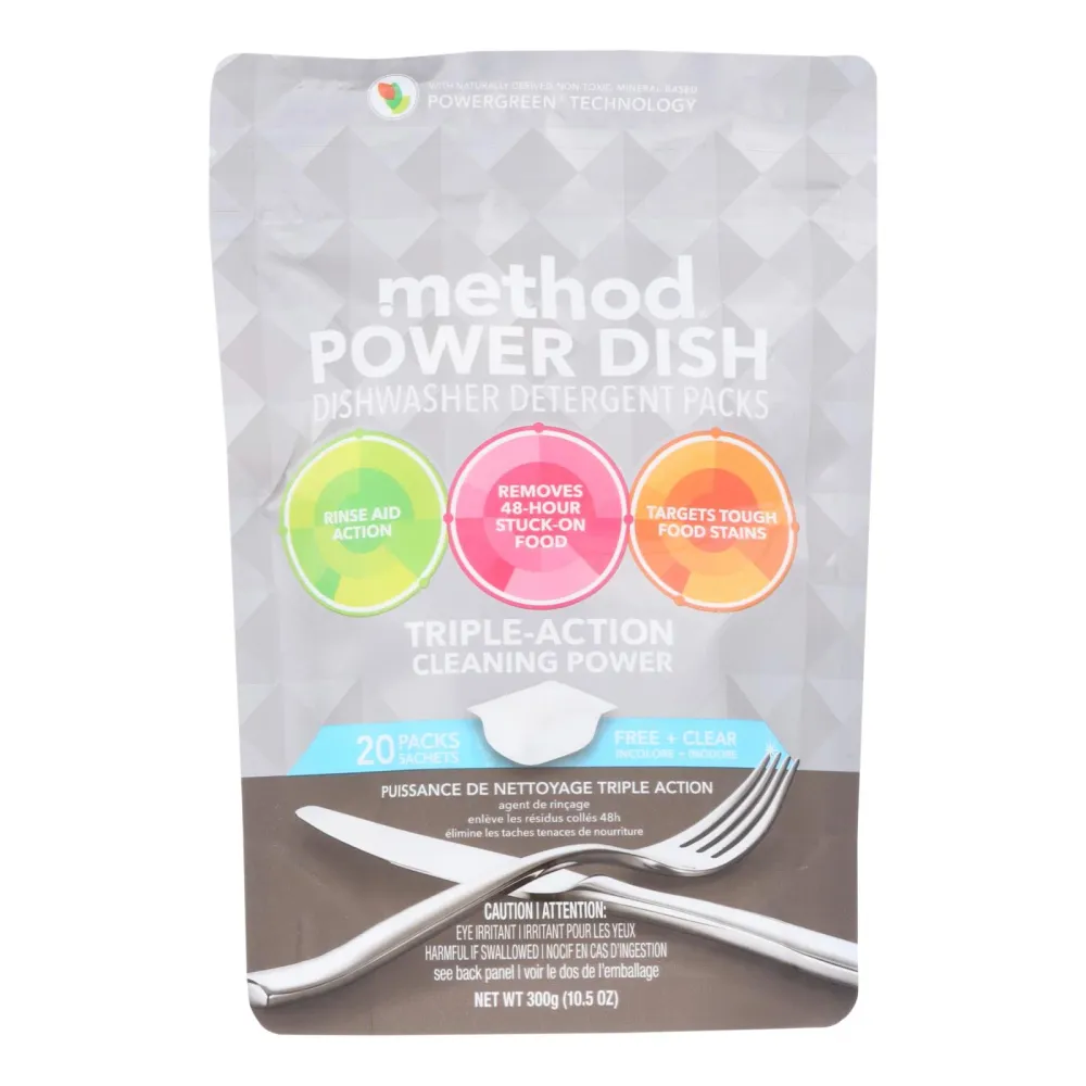 Método - Paquetes de detergente para lavavajillas Power Dish - Libre y transparente - 20 paquetes - Caja de 6 - 10,5 oz. M...