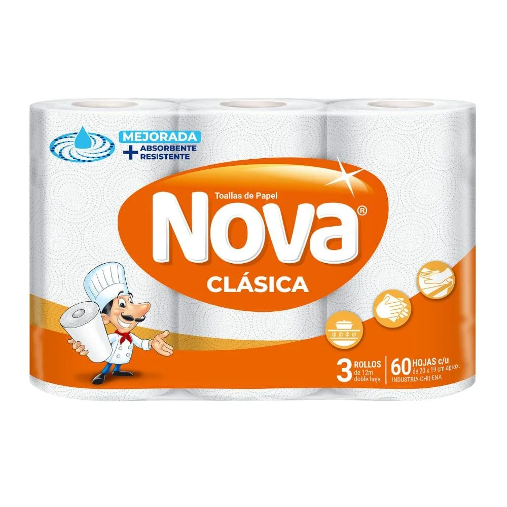 Toalla Papel Clásica Doble Hoja 3 Rollos X 12 Mt NOVA