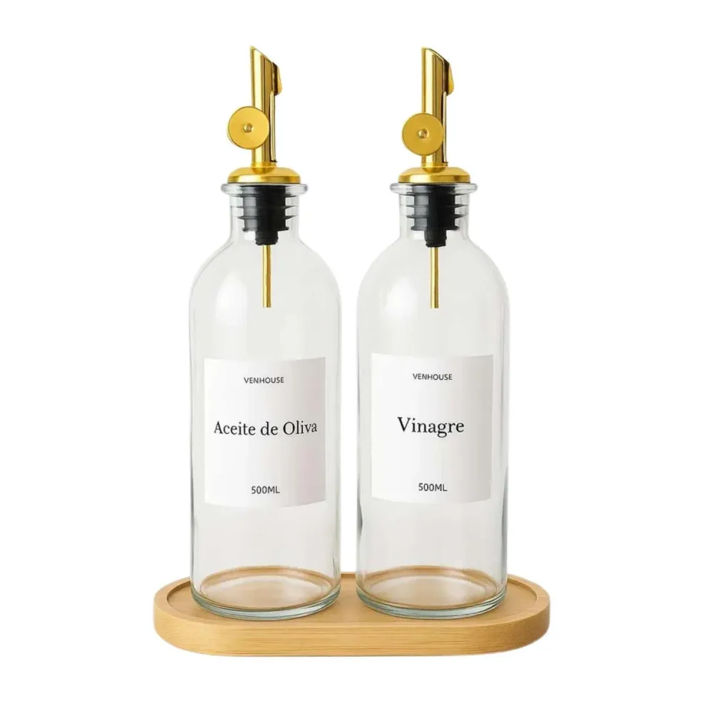 Pack 2 Botellas Vidrio Aceite Dispensador Base Bambú 500 ML